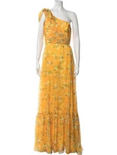 Pre-owned Mac Duggal Floral Print Long Dress W/ Tags In Yellow