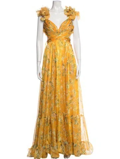 Pre-owned Mac Duggal Floral Print Long Dress W/ Tags In Yellow