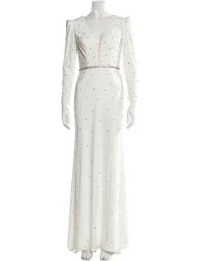 Pre-owned Mac Duggal Floral Print Long Dress In White