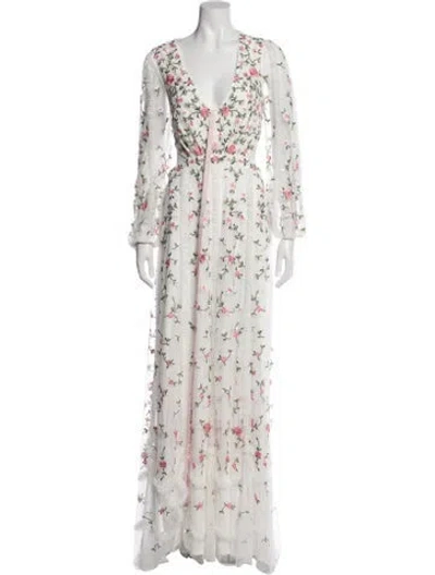 Pre-owned Mac Duggal Floral Print Long Dress In White