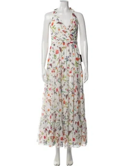 Pre-owned Mac Duggal Floral Print Long Dress In White
