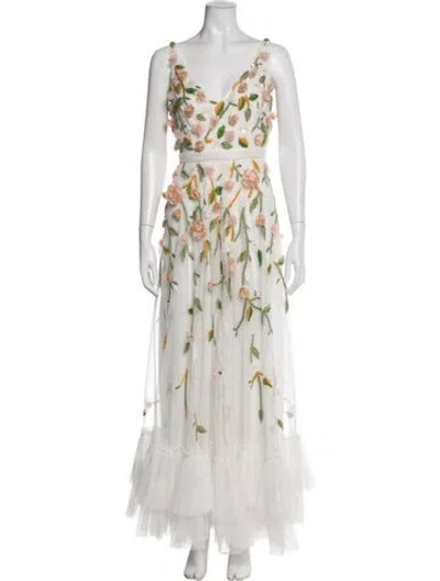Pre-owned Mac Duggal Floral Print Long Dress In White