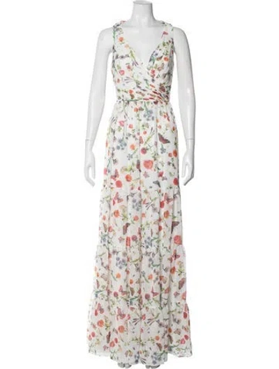 Pre-owned Mac Duggal Floral Print Long Dress In White