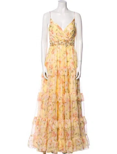 Pre-owned Mac Duggal Floral Print Long Dress In Yellow