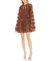 Mac Duggal Floral Print Long Flare Sleeve Mesh A-line Dress In Brown