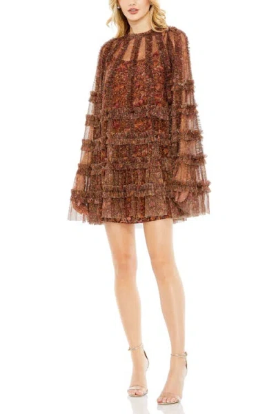 Mac Duggal Floral Print Long Flare Sleeve Mesh A-line Dress In Brown Multi