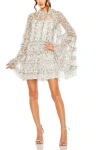 Mac Duggal Floral Print Long Flare Sleeve Mesh A-line Dress In Floral Multi