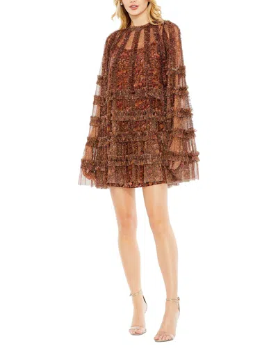 Mac Duggal Floral Print Long Flare Sleeve Mesh A-line Dress In Brown Multi