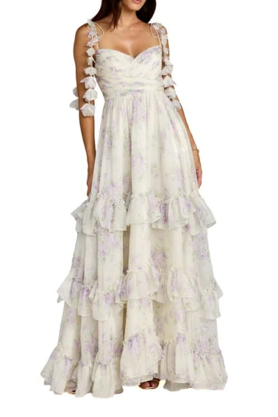 Mac Duggal Floral Print Long Flare Sleeve Mesh A-line Dress In Neutral
