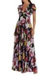 Mac Duggal Floral Print Mesh Cap Sleeve Gown In Black Multi