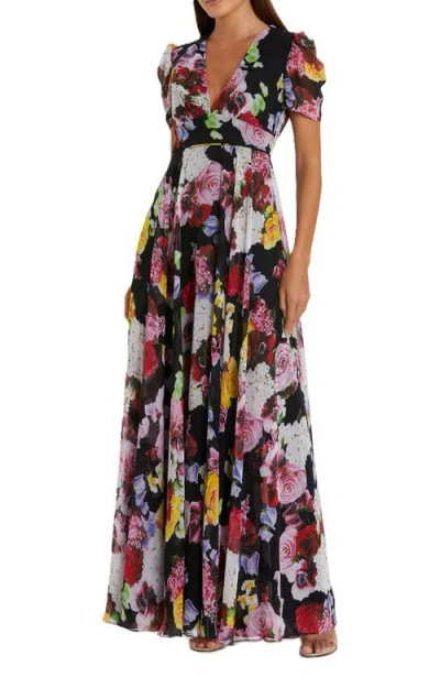 Mac Duggal Floral Print Mesh Cap Sleeve Gown In Black Multi