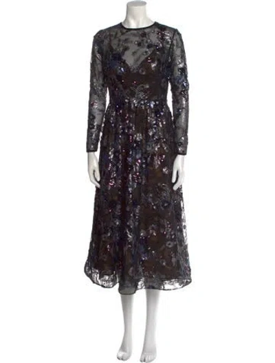 Pre-owned Mac Duggal Floral Print Midi Length Dress In Black