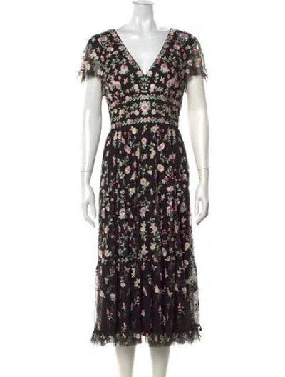 Pre-owned Mac Duggal Floral Print Midi Length Dress In Black