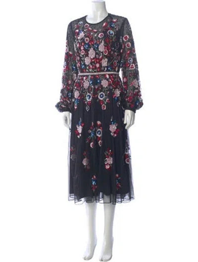 Pre-owned Mac Duggal Floral Print Midi Length Dress In Blue