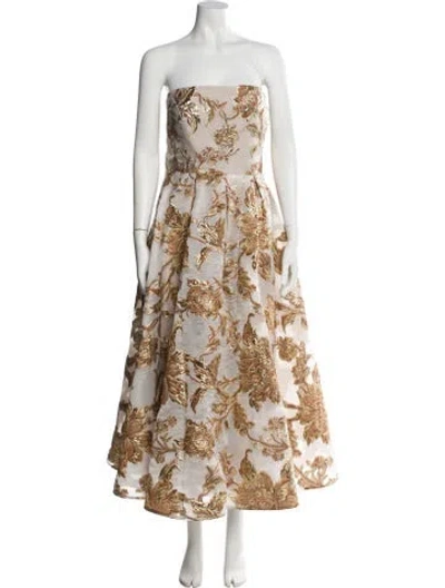 Pre-owned Mac Duggal Floral Print Midi Length Dress In Gold