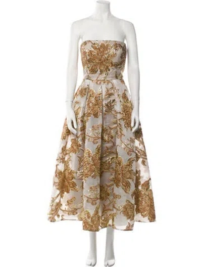 Pre-owned Mac Duggal Floral Print Midi Length Dress In Gold