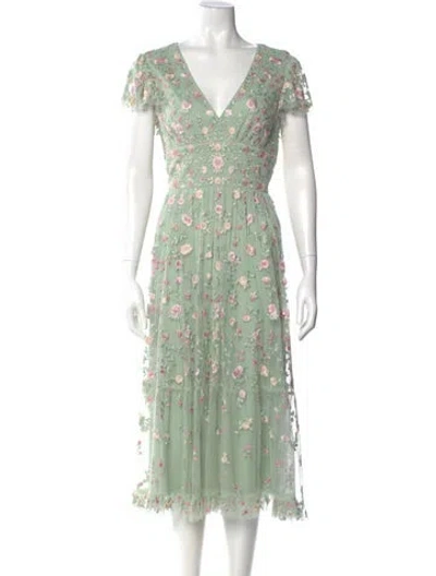 Pre-owned Mac Duggal Floral Print Midi Length Dress In Green