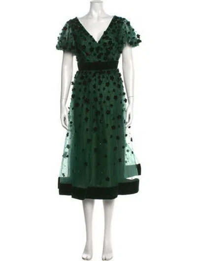 Pre-owned Mac Duggal Floral Print Midi Length Dress In Green