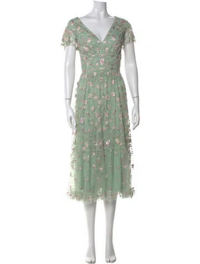 Pre-owned Mac Duggal Floral Print Midi Length Dress In Green