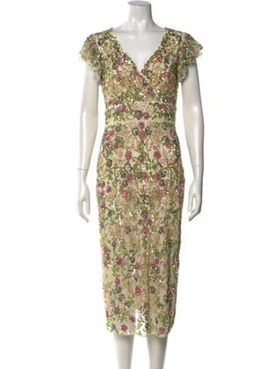 Pre-owned Mac Duggal Floral Print Midi Length Dress In Neutrals