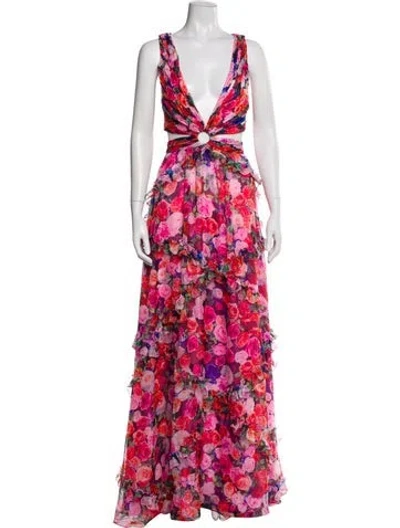 Pre-owned Mac Duggal Floral Print Midi Length Dress In Pink