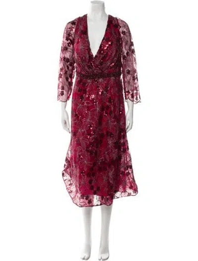 Pre-owned Mac Duggal Floral Print Midi Length Dress In Red
