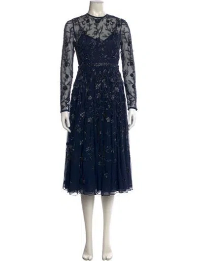 Pre-owned Mac Duggal Floral Print Midi Length Dress W/ Tags In Blue