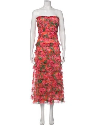 Pre-owned Mac Duggal Floral Print Midi Length Dress W/ Tags In Red