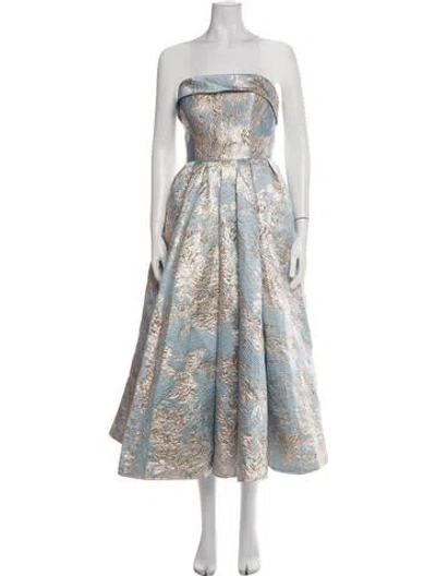 Pre-owned Mac Duggal Floral Print Midi Length Dress W/ Tags In White