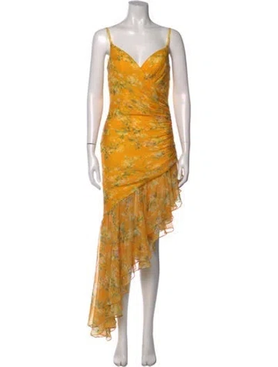 Pre-owned Mac Duggal Floral Print Midi Length Dress In Yellow