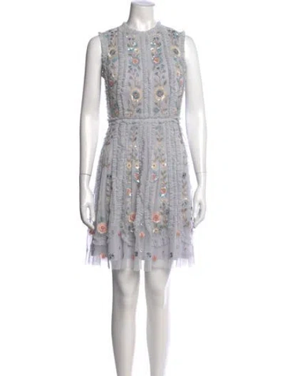 Pre-owned Mac Duggal Floral Print Mini Dress In Gray