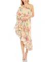 Mac Duggal Floral Print One Shoulder Cape Dress In Nude Multi