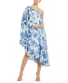 Mac Duggal One-shoulder Asymmetrical Midi Cape Dress In White Multi