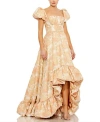 Mac Duggal Floral Print Puff Sleeve High Low Brocade Gown In Peach