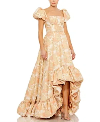 Mac Duggal Floral Print Puff Sleeve High Low Brocade Gown In Peach