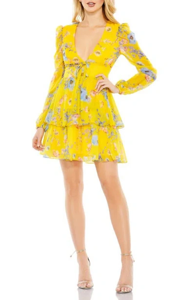 Mac Duggal Floral Print Puff Sleeve Ruffled Mini Dress In Yellow Multi