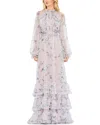 Mac Duggal Floral Print Ruched Raglan Sleeve Tiered Gown In Purple