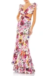 Mac Duggal Floral Print Ruffle Shoulder Cut Out Gown In Pink