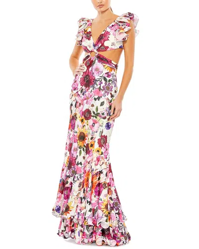 Mac Duggal Floral Print Ruffle Shoulder Cutt Out Gown In Pink