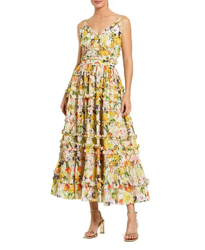 Mac Duggal Floral Print Ruffle Tiered Midi Dress In Multi