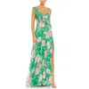 Mac Duggal Floral Print Ruffled Wrap Over A Line Gown In Green Multi