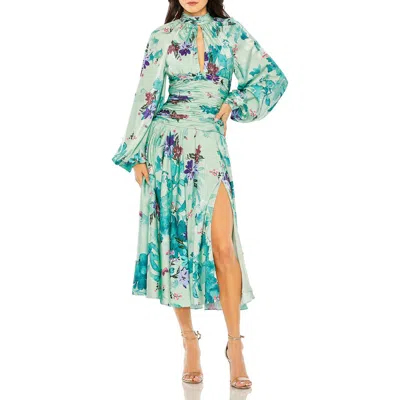 Mac Duggal Floral Print Satin Long Sleeve Keyhole Gown In Sage Multi