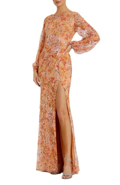 MAC DUGGAL MAC DUGGAL FLORAL PRINT SEQUINED PUFF SLEEVE GOWN
