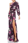 Mac Duggal Floral Print Single Sleeve Gown In Plum Floral