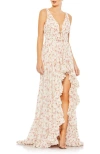 Mac Duggal Floral Print Sleeveless Plunge Neck Ruffle High Low Gown In Multi