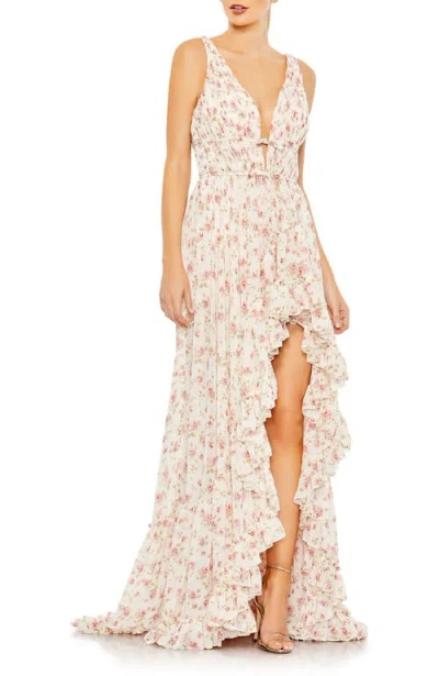 MAC DUGGAL MAC DUGGAL FLORAL PRINT SLEEVELESS PLUNGE NECK RUFFLE HIGH LOW GOWN