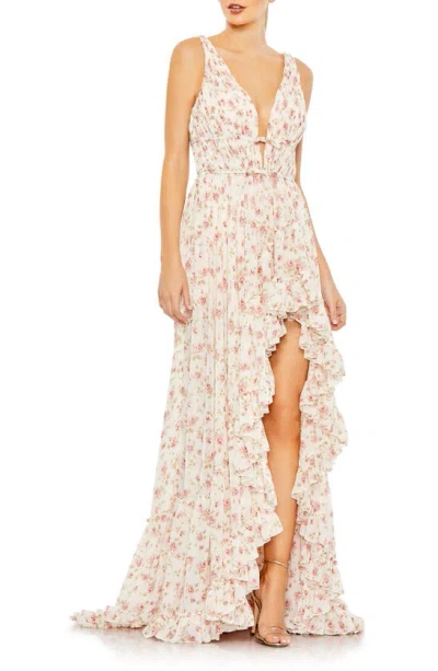 MAC DUGGAL FLORAL PRINT SLEEVELESS RUFFLE GOWN