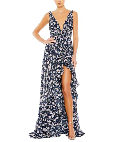 Mac Duggal Floral Print Sleeveless Ruffled High Low Gown In Blue
