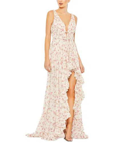 Mac Duggal Floral Print Sleeveless Ruffled High Low Gown In Neutral