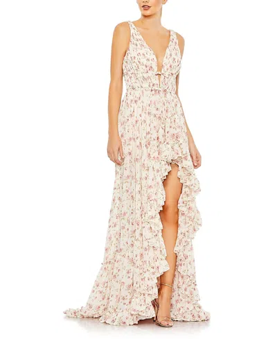MAC DUGGAL FLORAL PRINT SLEEVELESS RUFFLED HIGH-LOW GOWN